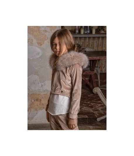 Chaqueta velvet beige asimétrica capucha pelo marmota Tinsel Bella Bimba