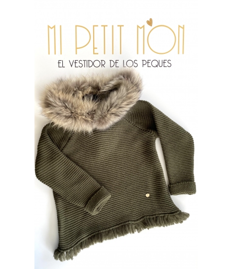 Jersey punto gordo verde militar con capucha de pelo de marmota ENOL BELLA BIMBA