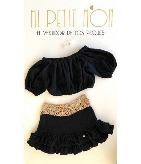 Conjunto de top y falda ganchillo y bambula en negro BRIANA de BELLA BIMBA