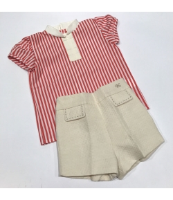 Conjunto pantalon corto y blusa cuello Mao Frambuesa