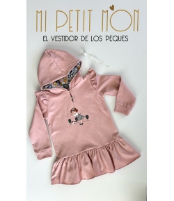 Vestido felpa en rosa palo con detalles en liberty azul de MON PETIT BONBON