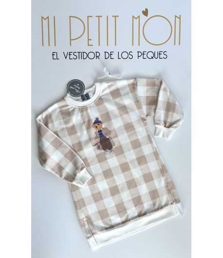 Vestido felpa cuadros Osito de MON PETIT BONBON