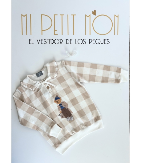 Sudadera niña cuadros cuello volante Osito de MON PETIT BONBON
