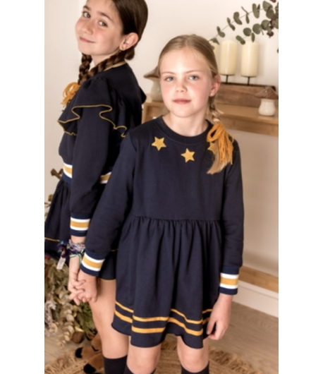 Vestido felpa marino con estrellas mostaza de MON PETIT BONBON