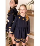 Vestido felpa marino con estrellas mostaza de MON PETIT BONBON