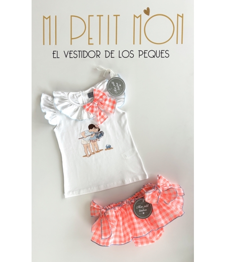 Conjunto de camiseta y braguita volante vichy naranja fluor de MON PETIT BONBON