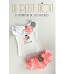 Conjunto de camiseta y braguita volante vichy naranja fluor de MON PETIT BONBON