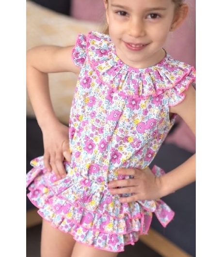 Conjunto de camisa y braguita volantes liberty fucsia de MON PETIT BONBON