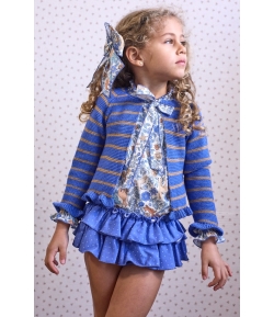 Conjunto niña de blusa estampada, braguita volantes y chaqueta larga rayas CHILDREN CHOCOLATE de LA MARTINICA BY MARIA SOBRINO