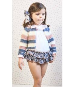 Conjunto niña de blusa, braguita estampada volantes y chaqueta 3/4 rayas MI PETIT MON de LA MARTINICA BY MARIA SOBRINO