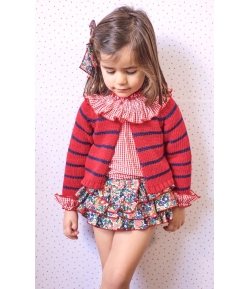 Conjunto niña de blusa vichy, braguita volantes flores y chaqueta 3/4 rayas BOUTIQUE LUNA de LA MARTINICA BY MARIA SOBRINO