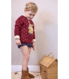 Conjunto niño de camisa manga larga cuadros, bombacho vaquero y jersey conejo granate REAL de LA MARTINICA BY MARIA SOBRINO