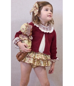 Conjunto niña de blusa cuadros, braguita volantes flores y chaqueta 3/4 calada REAL de LA MARTINICA BY MARIA SOBRINO