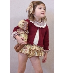 Conjunto niña de blusa cuadros, braguita volantes flores y chaqueta 3/4 calada REAL de LA MARTINICA BY MARIA SOBRINO