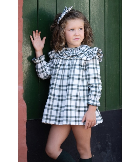 Vestido en cuadros verde y dorado de MON PETIT BONBON