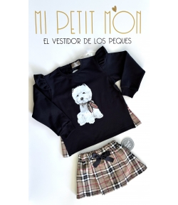 Conjunto de sudadera negra perro y falda pantalón en cuadro burberry de MON PETIT BONBON
