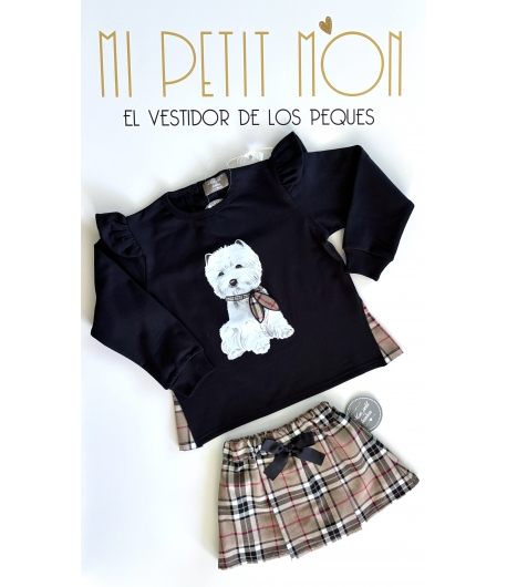 Conjunto de sudadera negra perro y falda pantalón en cuadro burberry de MON PETIT BONBON
