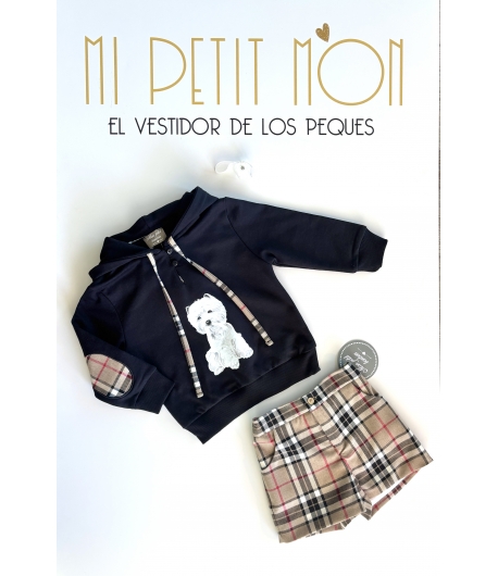 Conjunto de sudadera negra perro y pantalón corto en cuadro burberry de MON PETIT BONBON