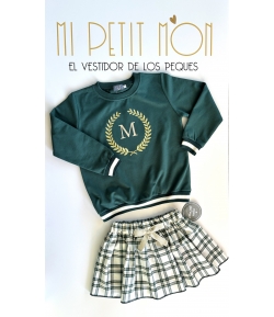 Conjunto de sudadera verde y falda pantalón en cuadros verde y dorado de MON PETIT BONBON