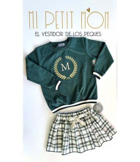 Conjunto de sudadera verde y falda pantalón en cuadros verde y dorado de MON PETIT BONBON