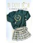 Conjunto de sudadera verde y falda pantalón en cuadros verde y dorado de MON PETIT BONBON