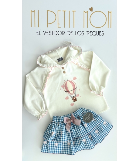 Conjunto de sudadera globo y falda pantalón vichy globos de MON PETIT BONBON