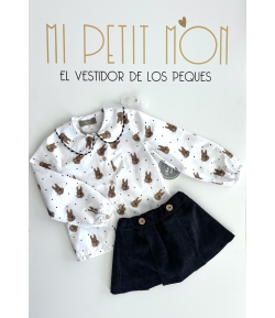 Conjunto de camisa niña conejo y falda pantalón en pana negra de MON PETIT BONBON