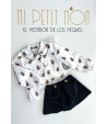 Conjunto de camisa niña conejo y falda pantalón en pana negra de MON PETIT BONBON