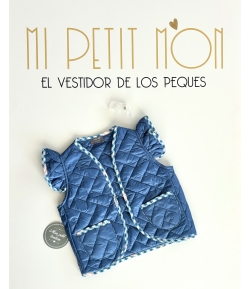 Chaleco acolchado azul con vivos en vichy globos de MON PETIT BONBON