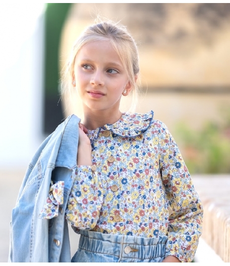 Camisa niña liberty azul, caldera y amarillo de MON PETIT BONBON