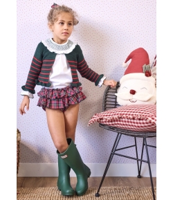 Conjunto niña de blusa, braguita volantes en cuadro escoces y chaqueta 3/4 rayas HILTON de LA MARTINICA BY MARIA SOBRINO