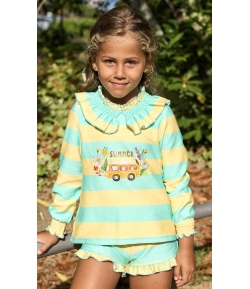Conjunto niña de sudadera y short volantes en rayas verde y amariilo LA PROVENZA de LA MARTINICA BY MARIA SOBRINO