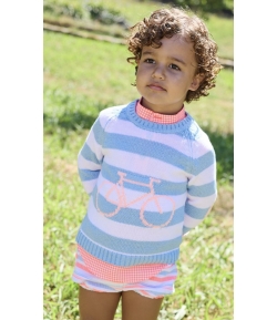 Conjunto niño de camisa manga corta en vichy fluor, bombacho rayas y jersey bicicleta BIKE de LA MARTINICA BY MARIA SOBRINO