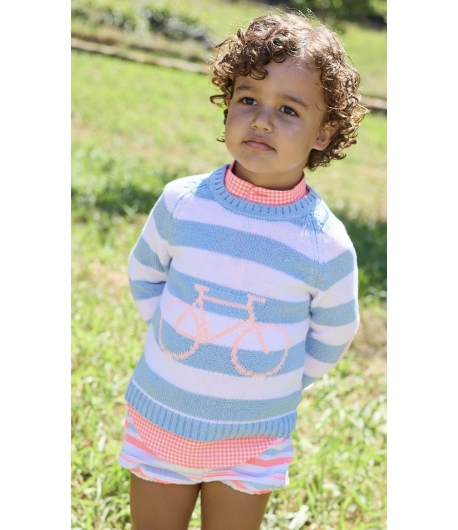 Conjunto niño de camisa manga corta en vichy fluor, bombacho rayas y jersey bicicleta BIKE de LA MARTINICA BY MARIA SOBRINO