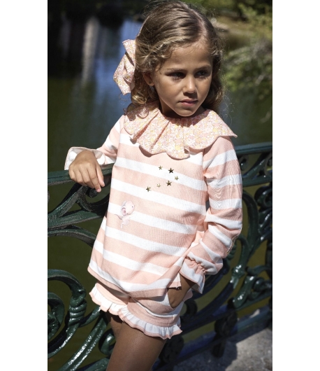Conjunto niña de sudadera y short rayas coral PEACH de LA MARTINICA BY MARIA SOBRINO