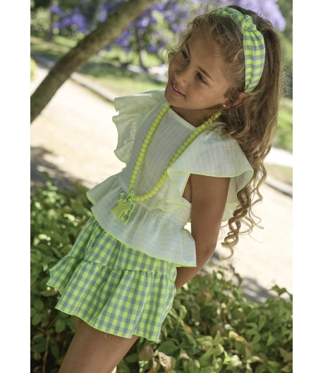 Conjunto niña de blusón rayas fluor y falda vichy fluor PESCARDINOS de LA MARTINICA BY MARIA SOBRINO