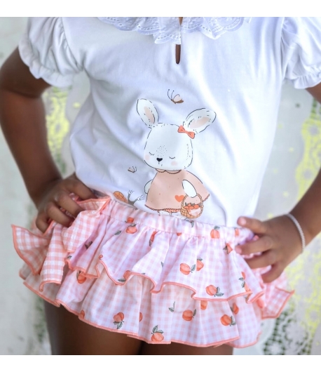 Conjunto niña de camiseta conejo y braguita volantes melocotones de MON PETIT BONBON
