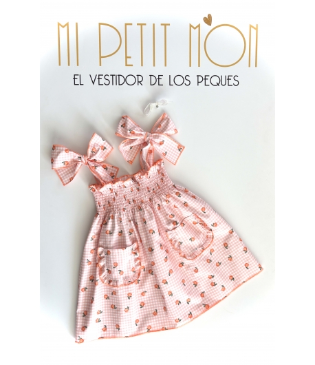 Vestido elástico vichy melocotones de MON PETIT BONBON