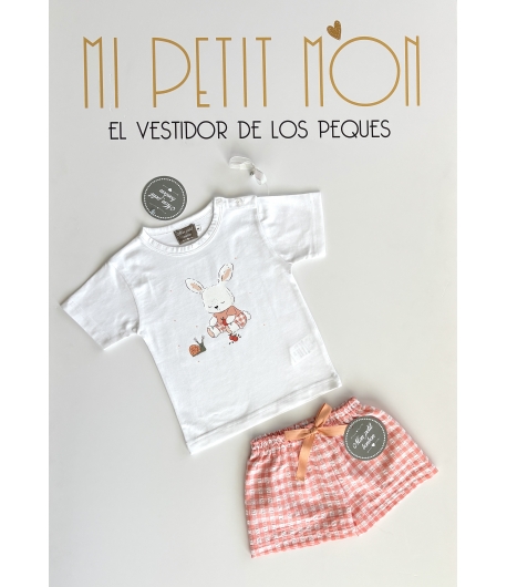 Conjunto niño de camiseta conejo y bermuda vichy melocotón de MON PETIT BONBON