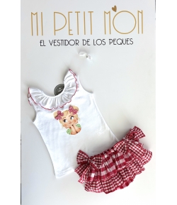 Conjunto niña de camiseta lazos  y braguita volantes vichy pequeño y grande rojo de MON PETIT BONBON