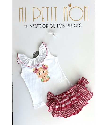 Conjunto niña de camiseta lazos  y braguita volantes vichy pequeño y grande rojo de MON PETIT BONBON