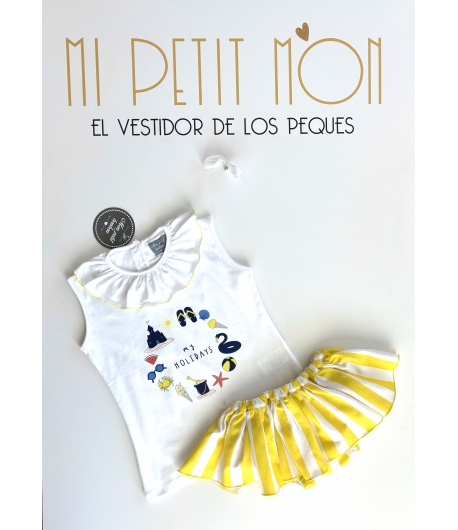 Conjunto niña de camiseta holidays y braguita felpa volante rayas de MON PETIT BONBON