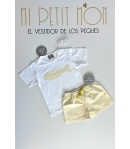 Conjunto niño de camiseta raspa y short vichy amarillo de MON PETIT BONBON