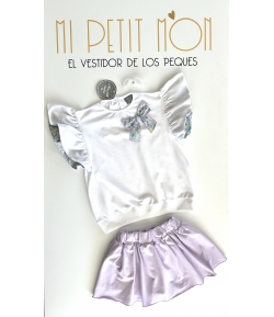 Conjunto niña de camiseta lazo liberty y falda pantalón felpa  lila de MON PETIT BONBON