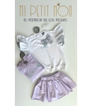 Conjunto niña de camiseta lazo liberty y falda pantalón felpa  lila de MON PETIT BONBON